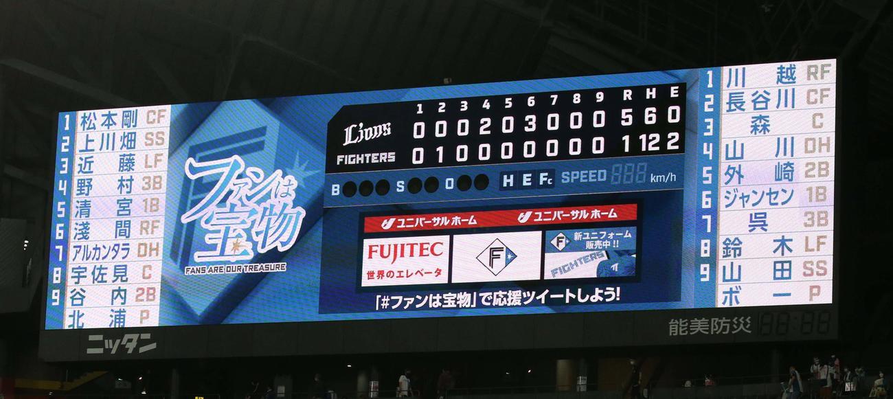 日本ハム対西武　スコアボード（撮影・黒川智章）