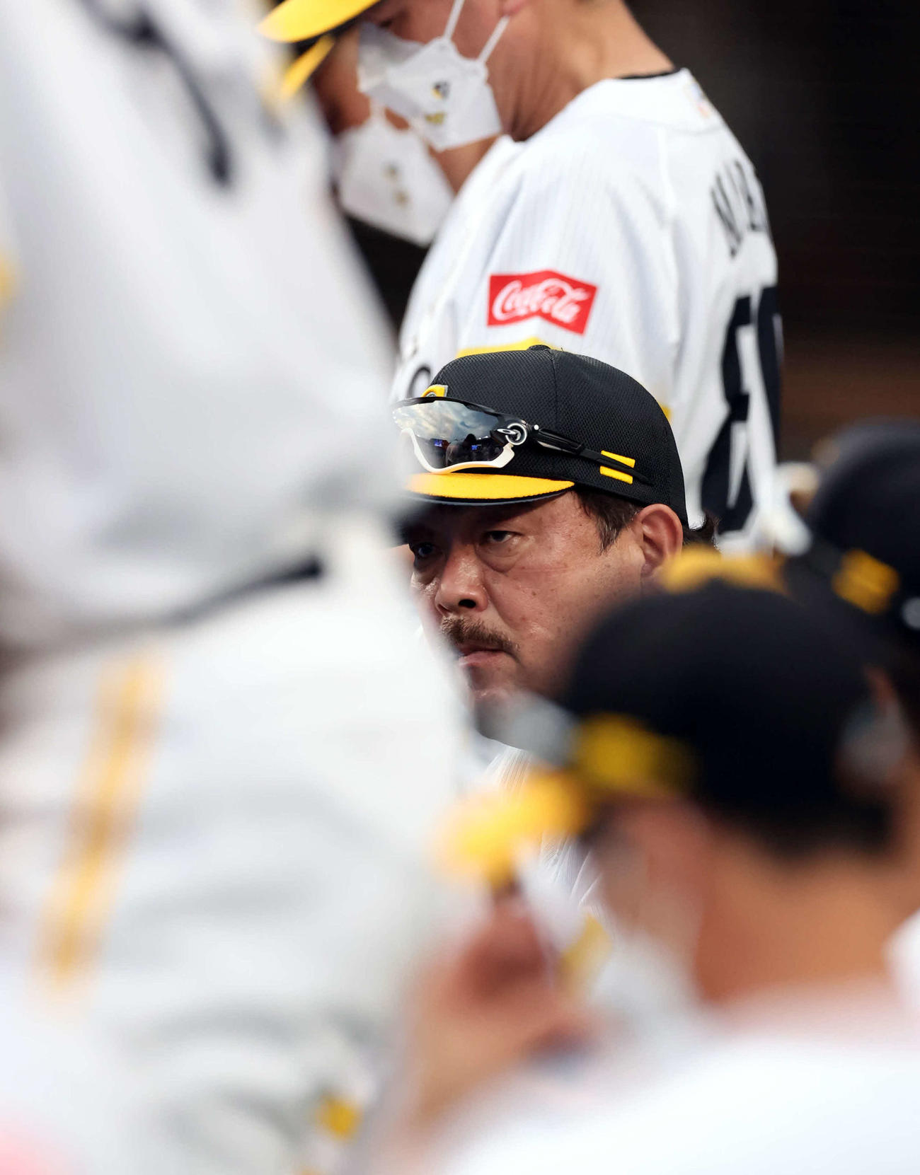 ロッテ対ソフトバンク　ベンチで厳しい表情のソフトバンク藤本監督（中央）（撮影・浅見桂子）
