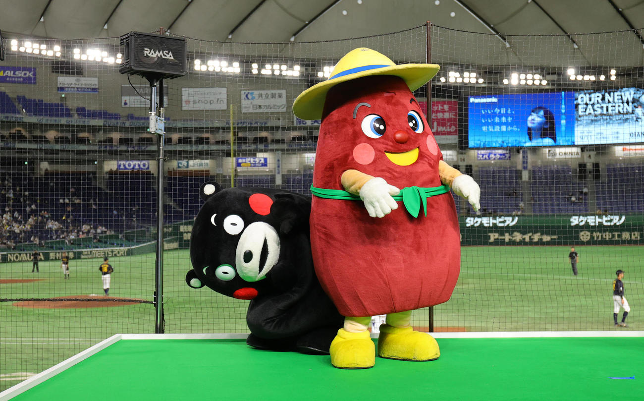 ホンダ熊本対鷺宮製作所　ホンダ熊本の応援に駆けつけたくまモン（左）とからいもくん（撮影・野上伸悟）