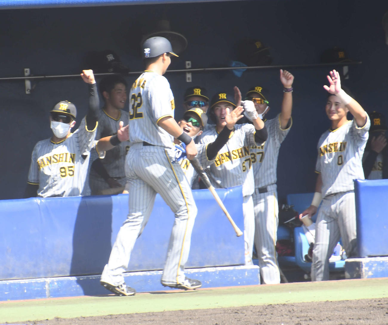 ウエスタン・リーグ、オリックス対阪神　5回表、逆転タイムリーを放った阪神井上を出迎えるナイン（撮影・中野椋）
