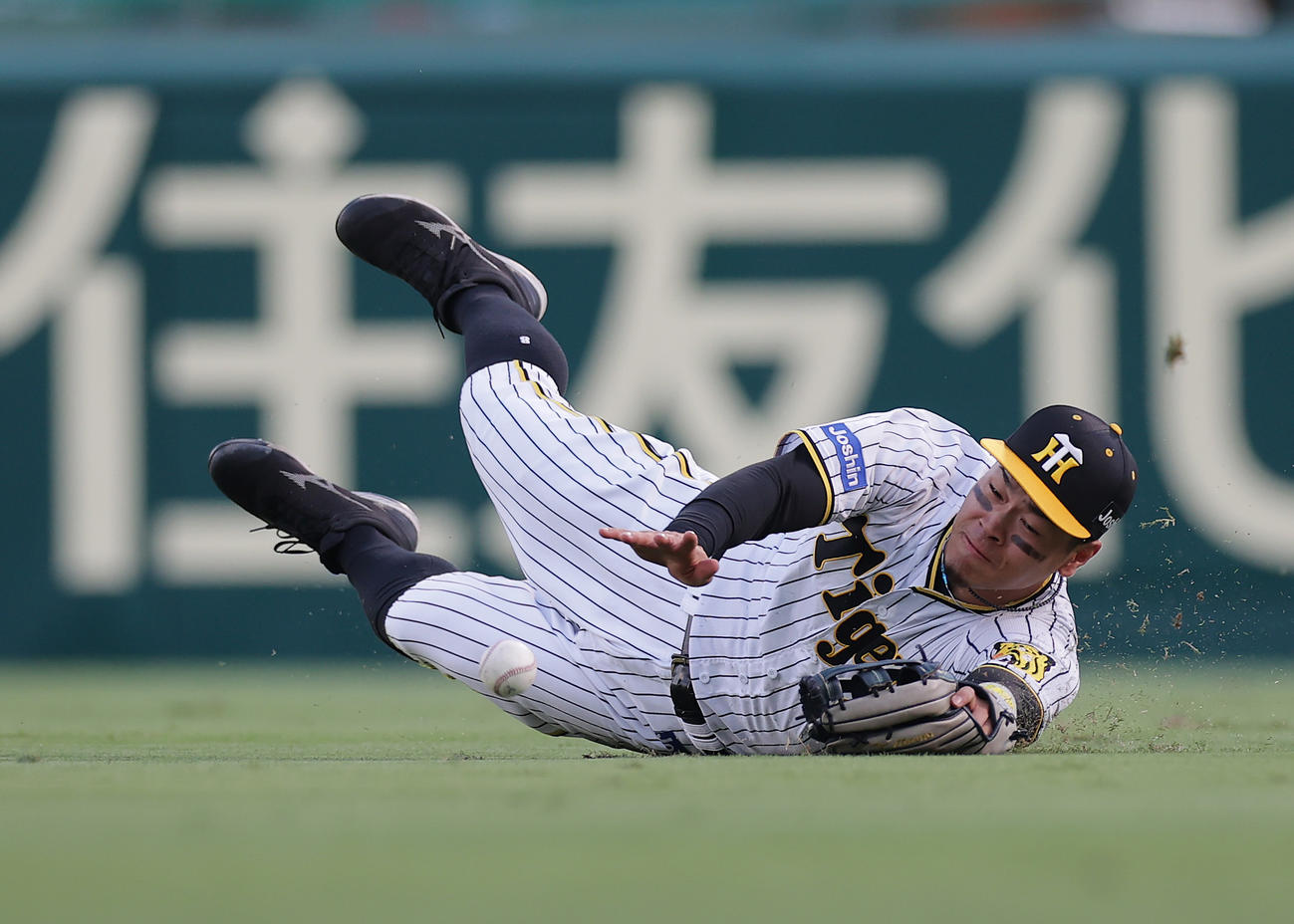 阪神対DeNA 2回表DeNA無死、牧の右飛に滑り込むも捕球できない佐藤輝（撮影・前田充）