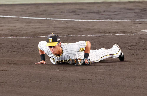 阪神対DeNA 9回表DeNA2死、板山は代打山下の打球を横っ跳びで好捕(撮影・加藤哉)