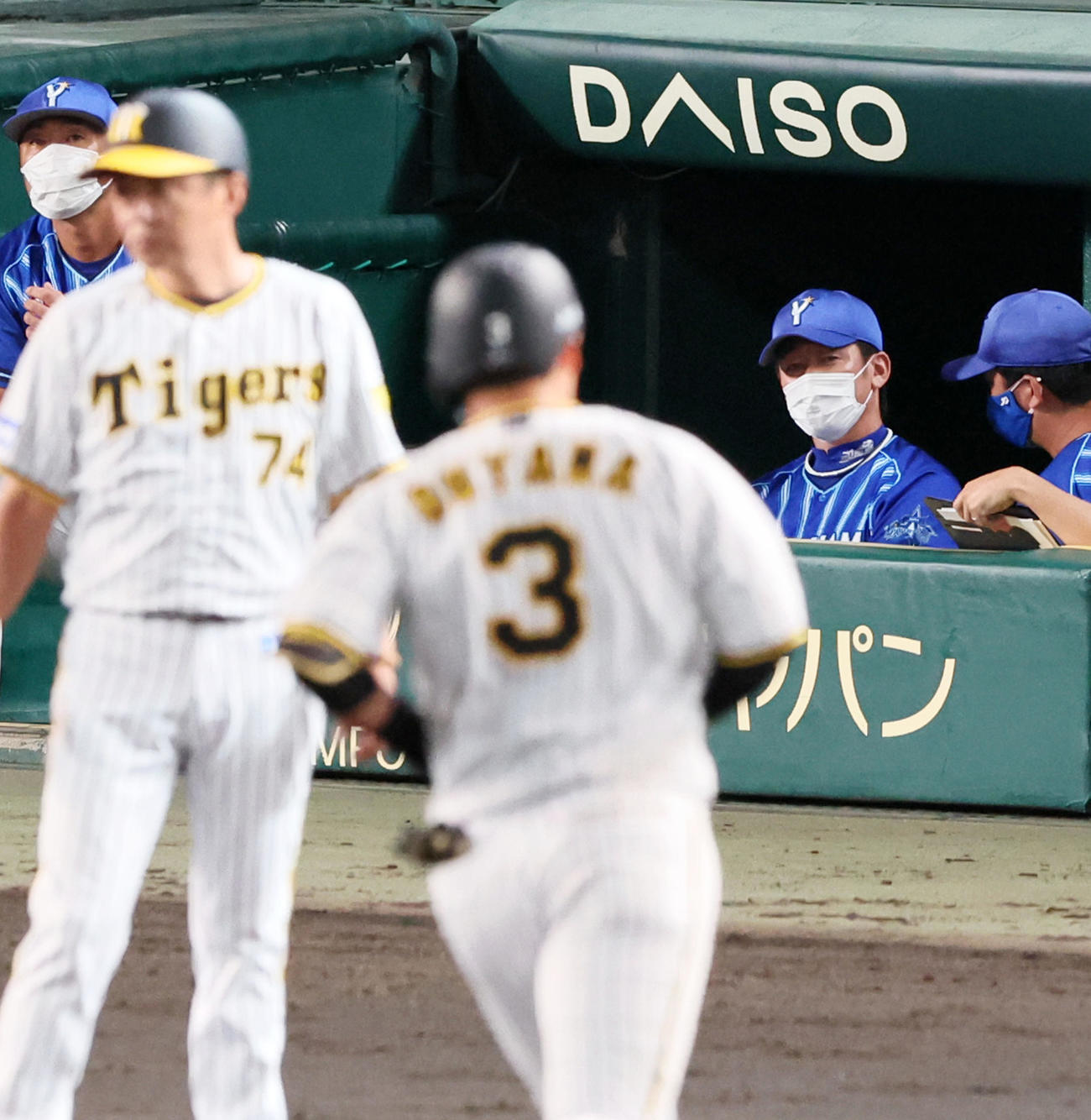 阪神対DeNA 4回裏阪神2死一塁、三浦監督は左越え2点本塁打を放った大山を見つめる（撮影・加藤哉）