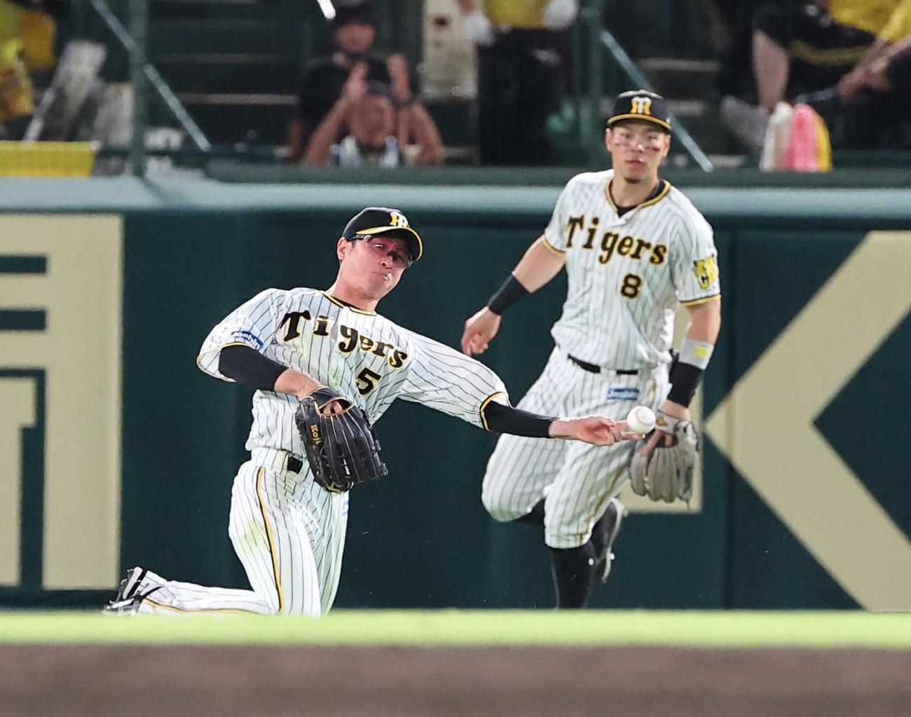 阪神対DeNA 5回表DeNA無死一、二塁、近本は嶺井の中飛を好捕し、二塁に送球し併殺をとる（撮影・上田博志）