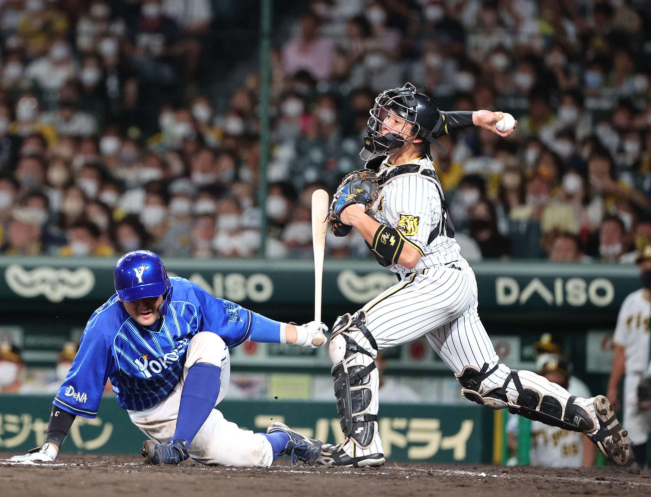 阪神対DeNA 7回表DeNA1死一塁、二塁へ送球する梅野の前にバットを出し守備妨害でアウトとなる嶺井（撮影・上田博志）