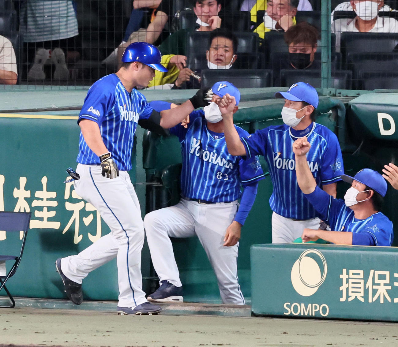 阪神対DeNA 6回表DeNA無死、三浦監督（右から2人目）は左越えソロ本塁打を放った代打細川とタッチする（撮影・加藤哉）