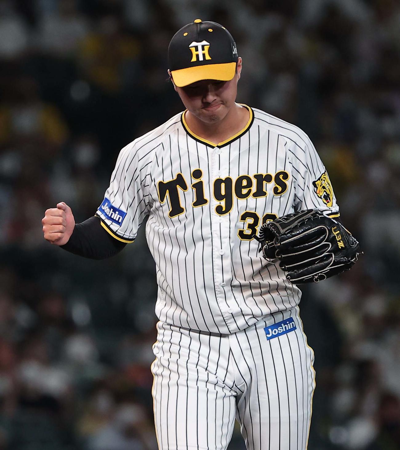 阪神対DeNA戦　7回表DeNA2死、浜地は山下から三振を奪いガッツポーズをする（撮影・上田博志）