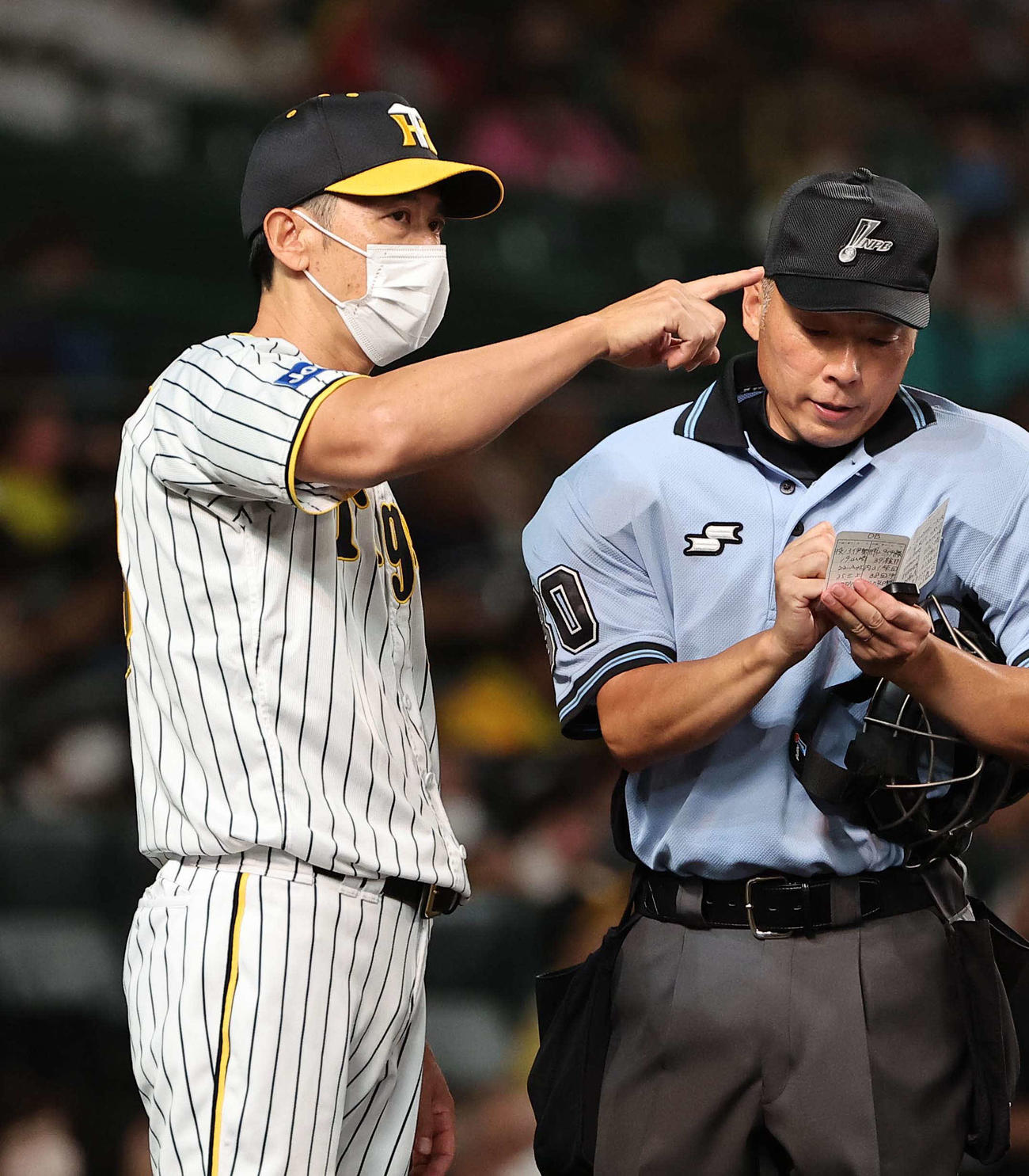 阪神対DeNA戦　選手交代を告げる矢野監督（撮影・上田博志）