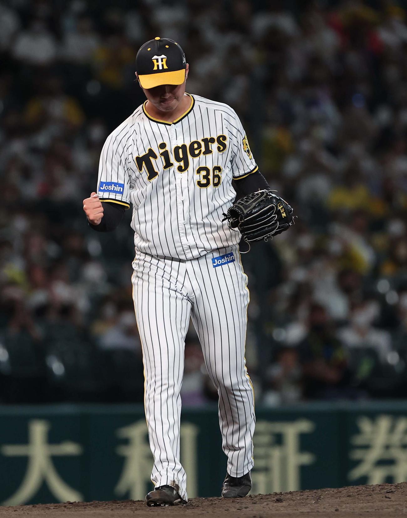 阪神対DeNA戦　7回表DeNA2死、浜地は山下から三振を奪いガッツポーズをする（撮影・上田博志）