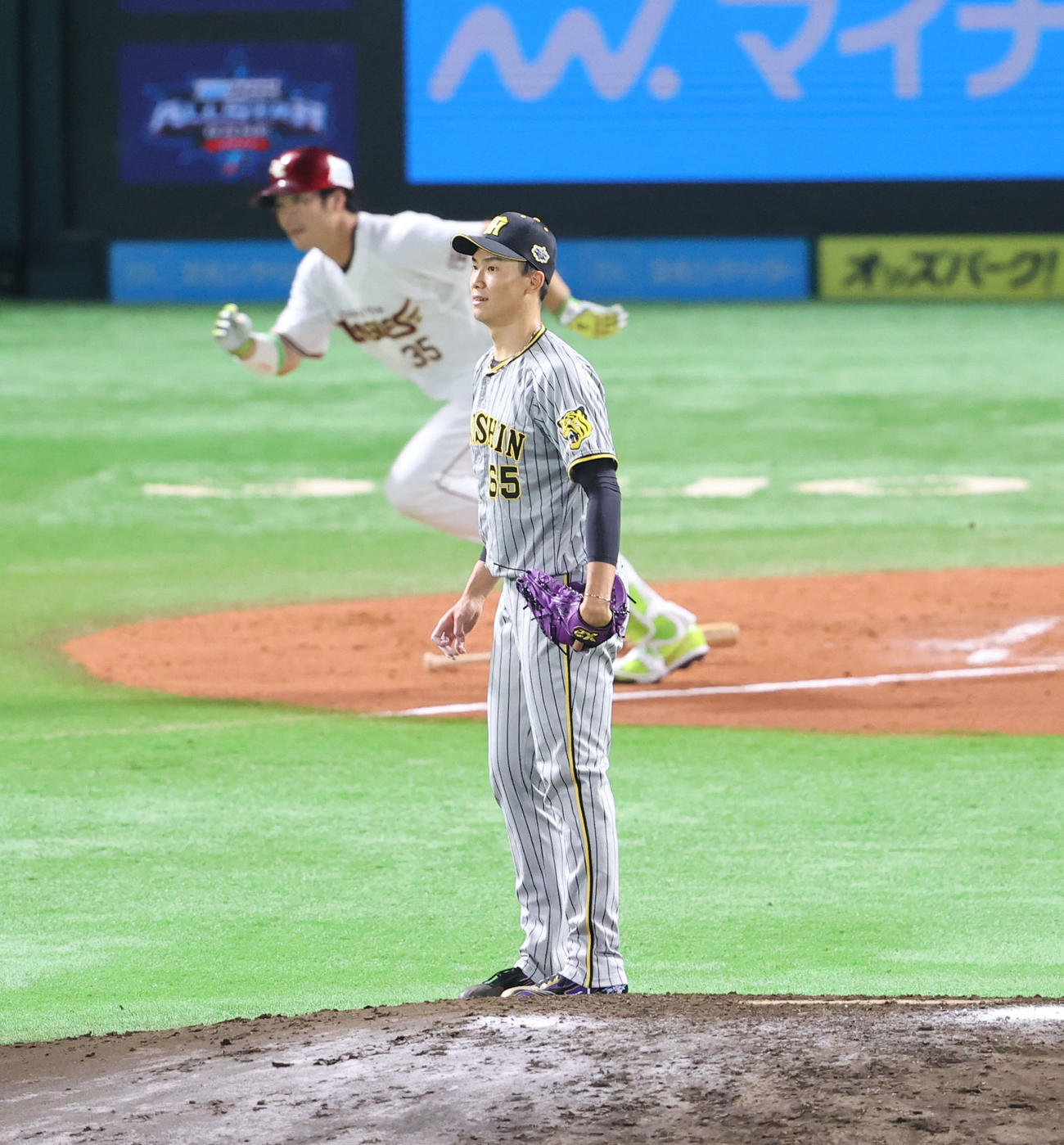 全パ対全セ　7回裏全パ1死、島内宏明に右前安打を浴びる湯浅京己（撮影・梅根麻紀）