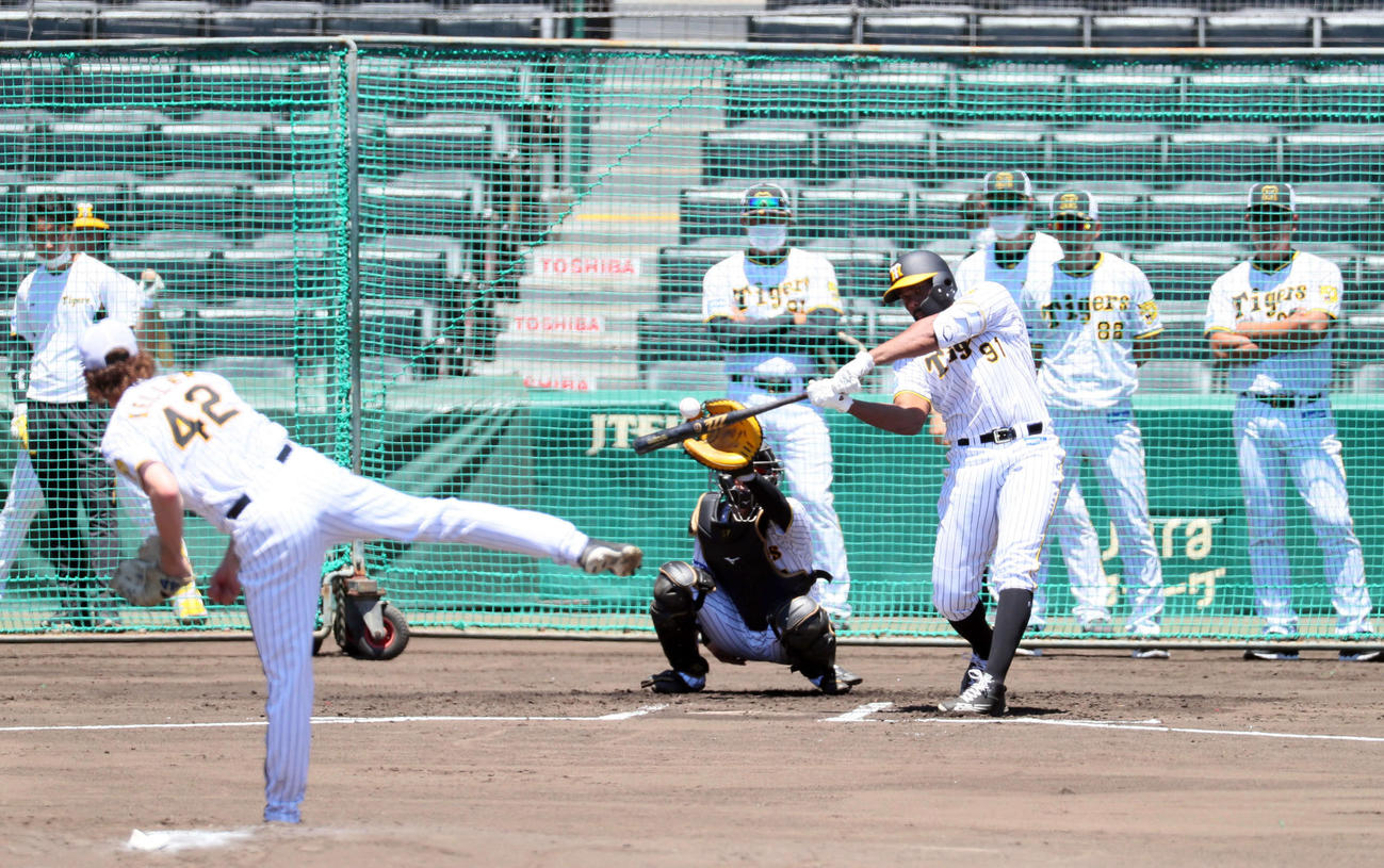 ロドリゲスはシート打撃でケラーと対戦する（撮影・宮崎幸一）