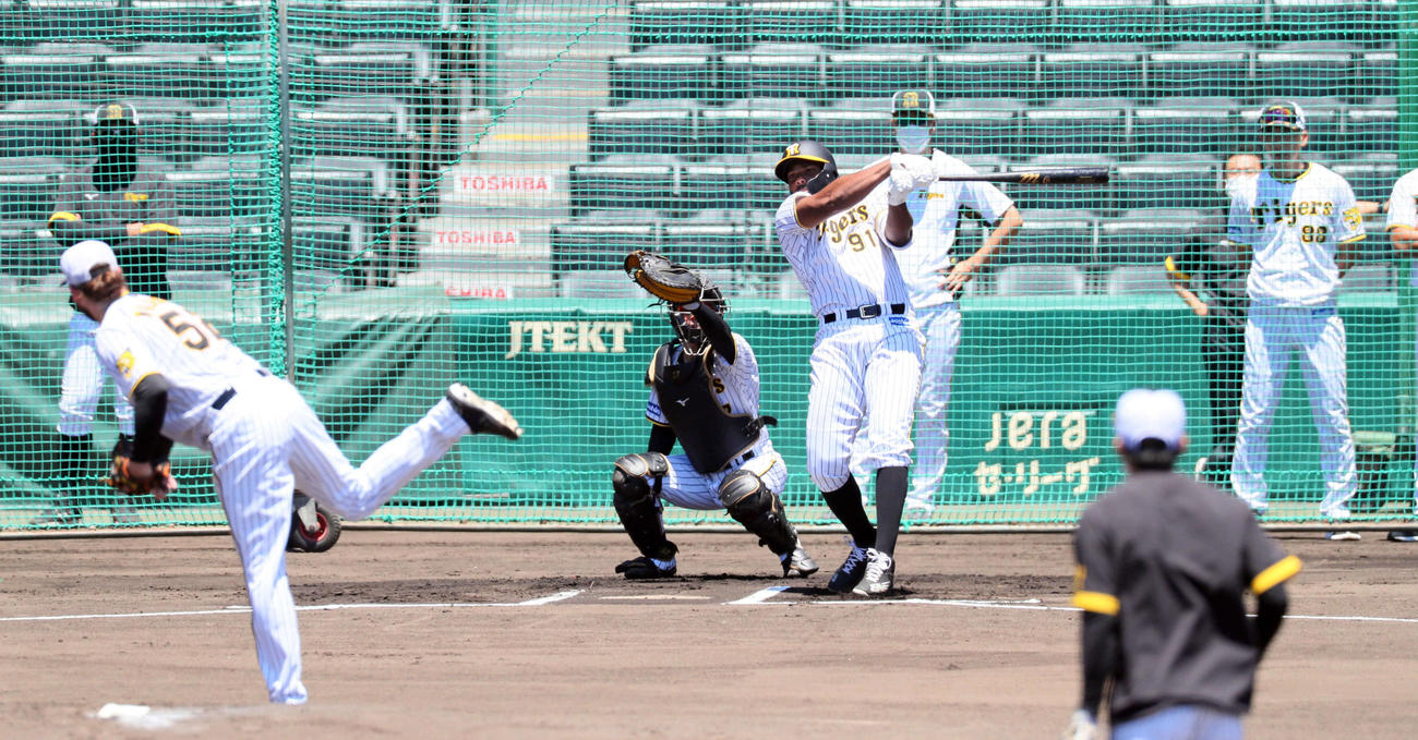 ロドリゲスはシート打撃でウィルカーソンと対戦する（撮影・宮崎幸一）