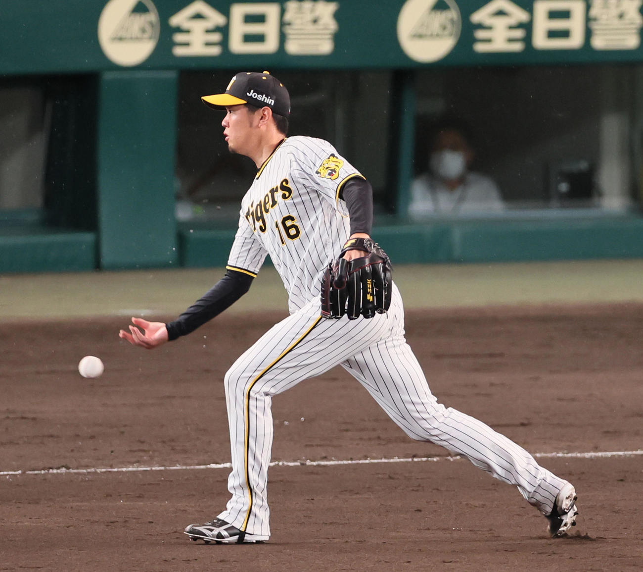 阪神対ヤクルト　4回表ヤクルト1死一塁、西勇は村上の打球を一塁へトス（撮影・加藤哉）