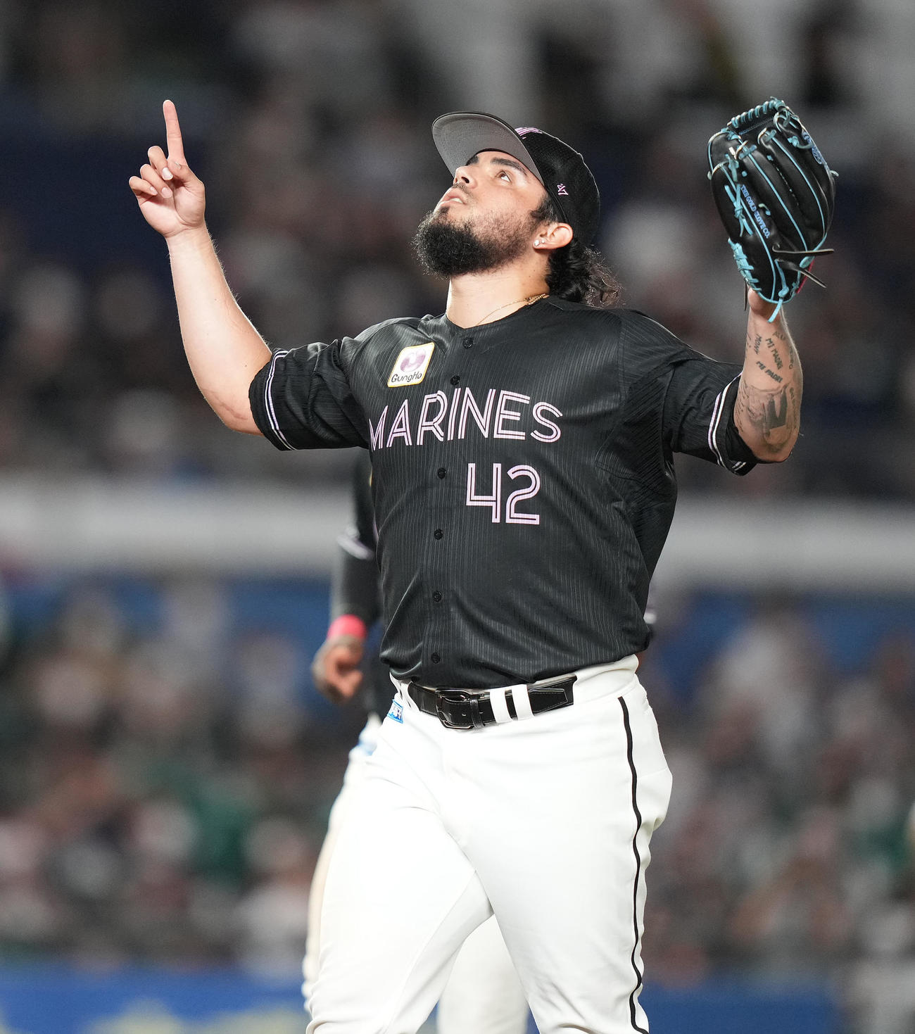 ロッテ対オリックス　8回表を3者凡退に抑え、ポーズを取るロッテ・オスナ（撮影・鈴木みどり）