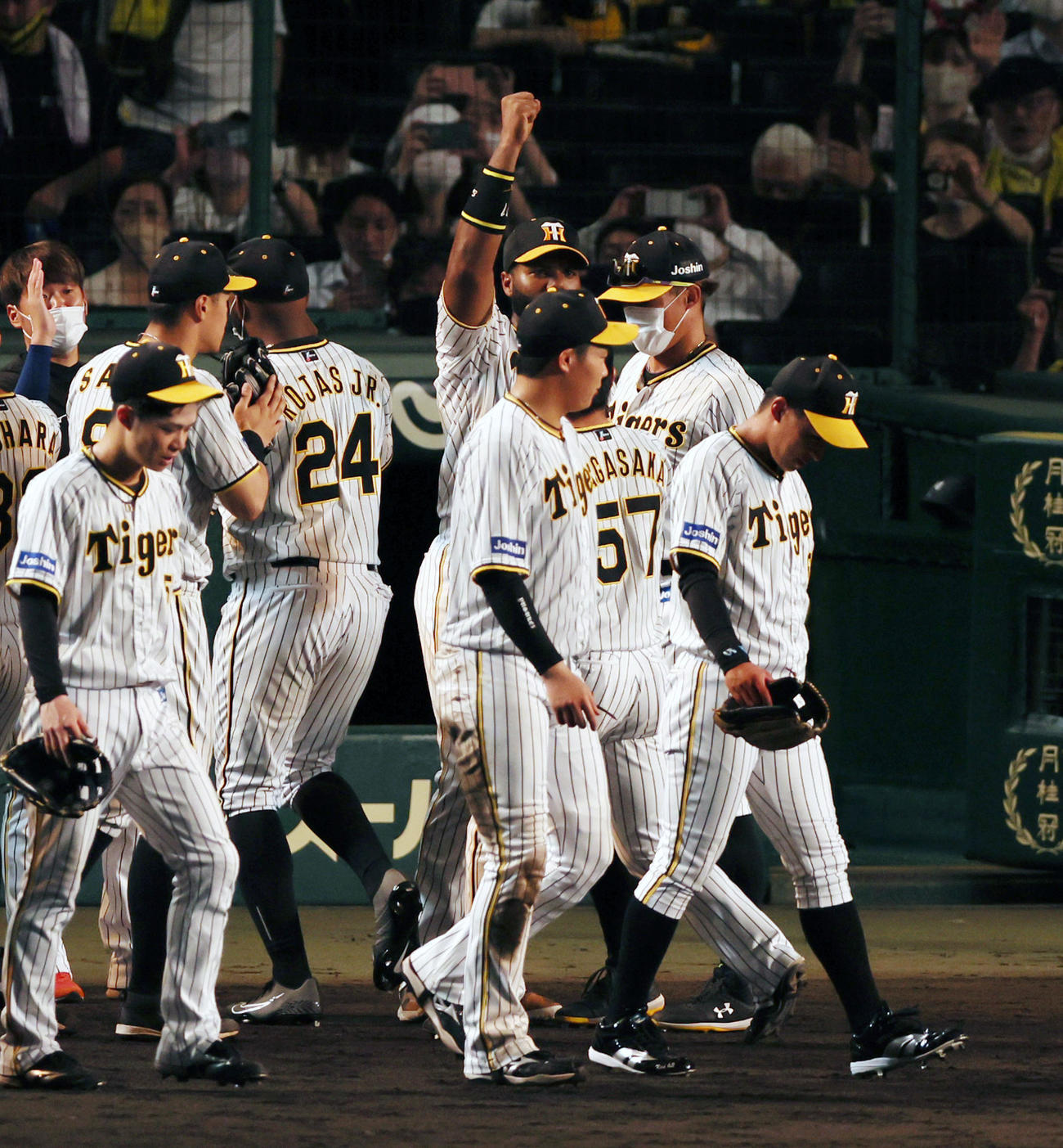 阪神対ヤクルト　ヤクルトに勝利しベンチ前でガッツポーズを見せるロドリゲス（撮影・加藤哉）
