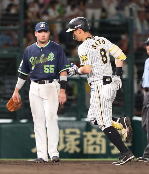 阪神対ヤクルト　5回裏阪神無死、佐藤輝は左越えソロ本塁打を放つ。左は村上（撮影・上田博志）