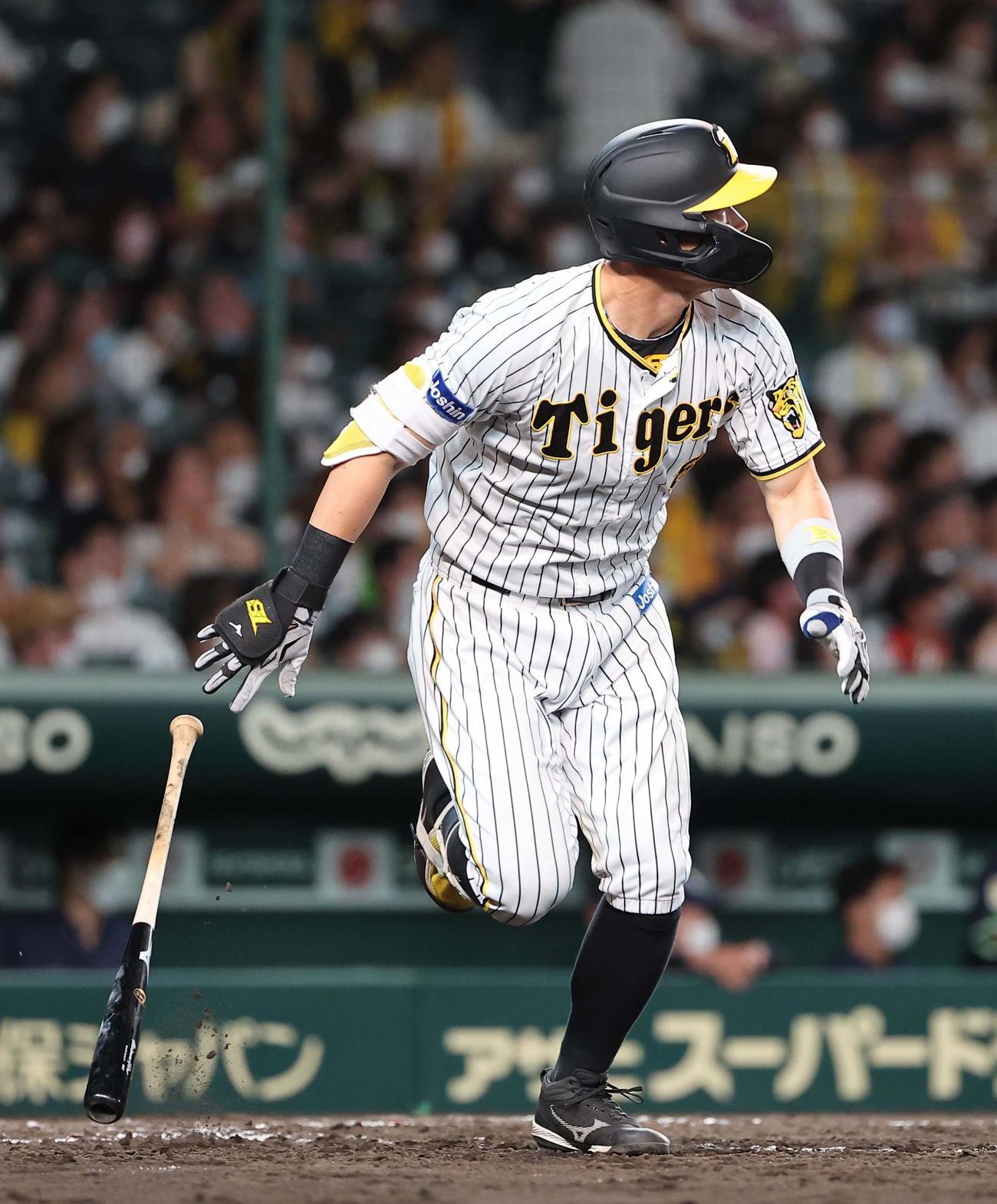阪神対ヤクルト　5回裏阪神無死、佐藤輝は左越えソロ本塁打を放つ（撮影・上田博志）