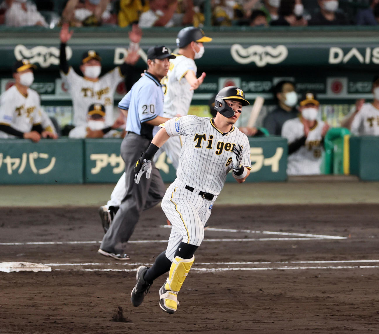 阪神対ヤクルト　5回裏阪神無死、佐藤輝は左越え本塁打を放ち、一塁を回る（撮影・加藤哉）