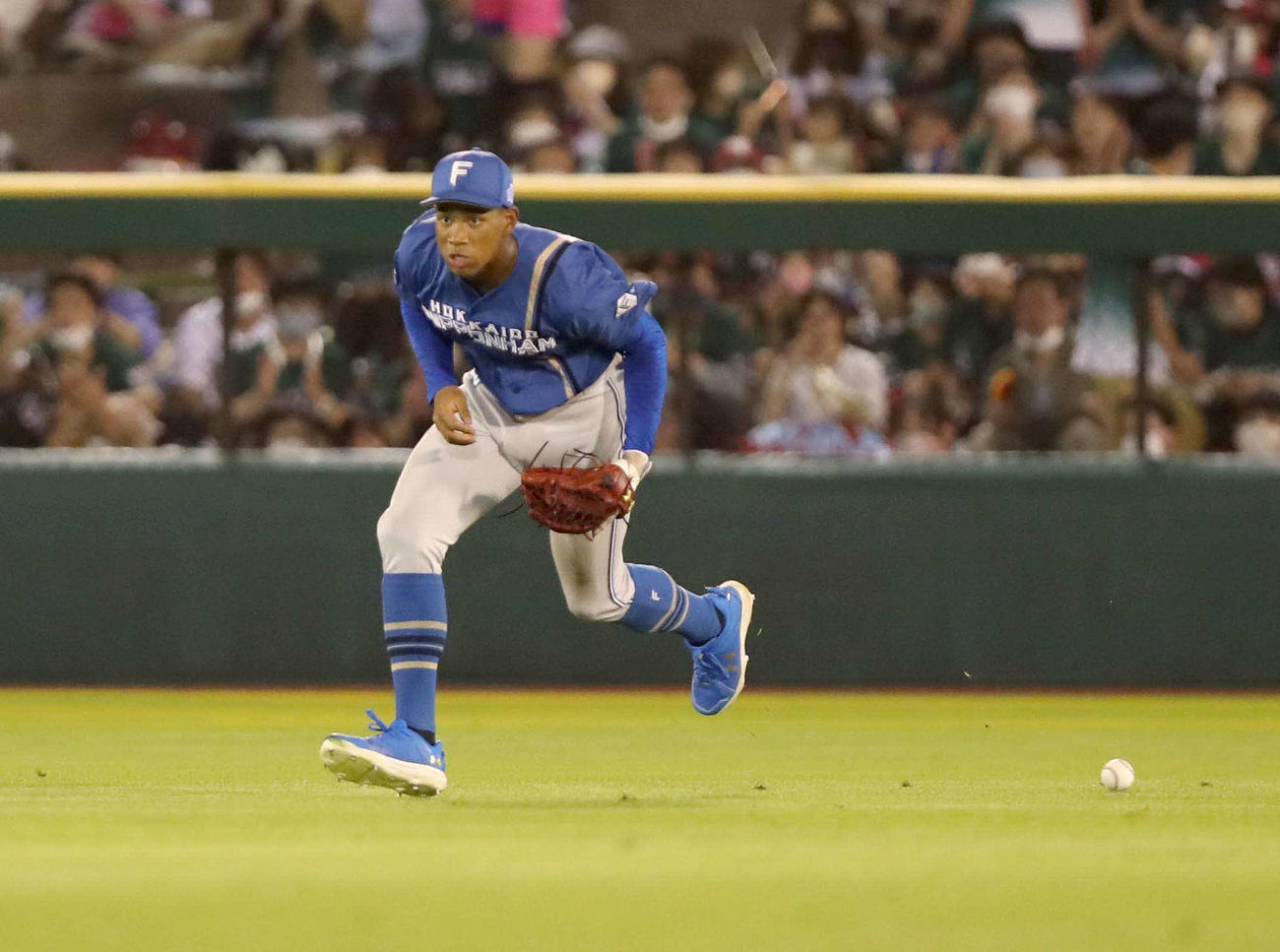 楽天対日本ハム　7回裏楽天2死一塁、辰己の中前打の打球を後ろにそらす万波（撮影・黒川智章）