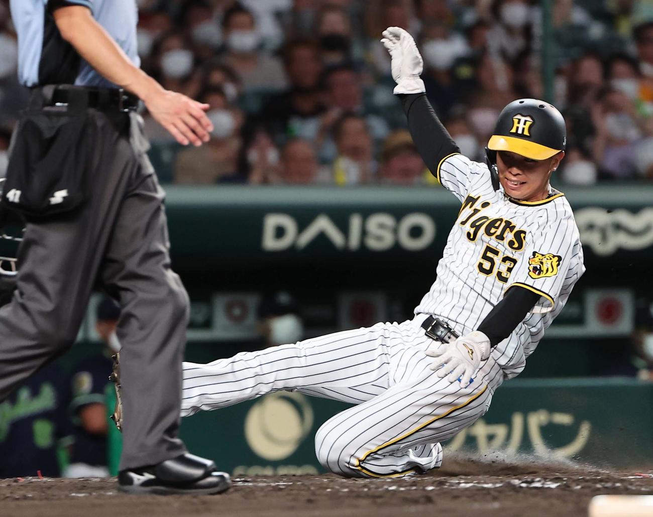 阪神対ヤクルト　4回裏阪神2死一、二塁、島田は糸原の中前先制適時打で生還する（撮影・上田博志）