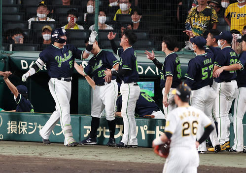 阪神対ヤクルト　11回表ヤクルト2死一塁、村上は左越え2点本塁打を放ちベンチのナインと笑顔でタッチする（撮影・加藤哉）