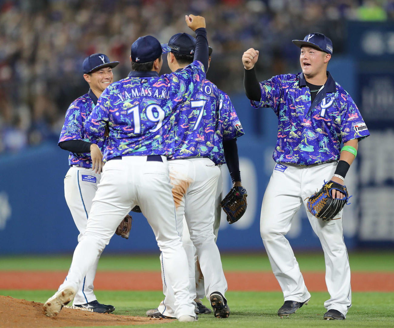 DeNA対広島　広島に勝利し、マウンドに集まるDeNAナイン（撮影・河田真司）