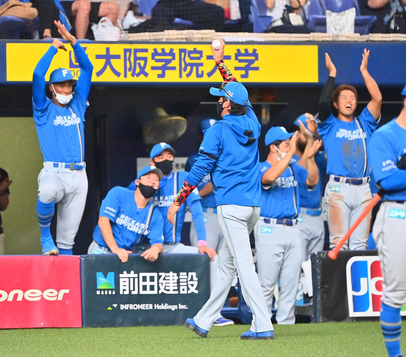 オリックス対日本ハム　2回表日本ハム無死一塁、右前にプロ初安打を放った片岡の記念球を拾いファンに披露する新庄監督（撮影・和賀正仁）