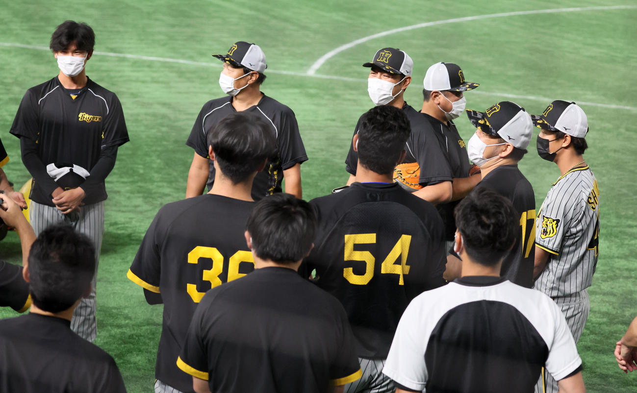 巨人対阪神　1軍に合流しあいさつする及川（左）と島本（右端）（撮影・加藤哉）