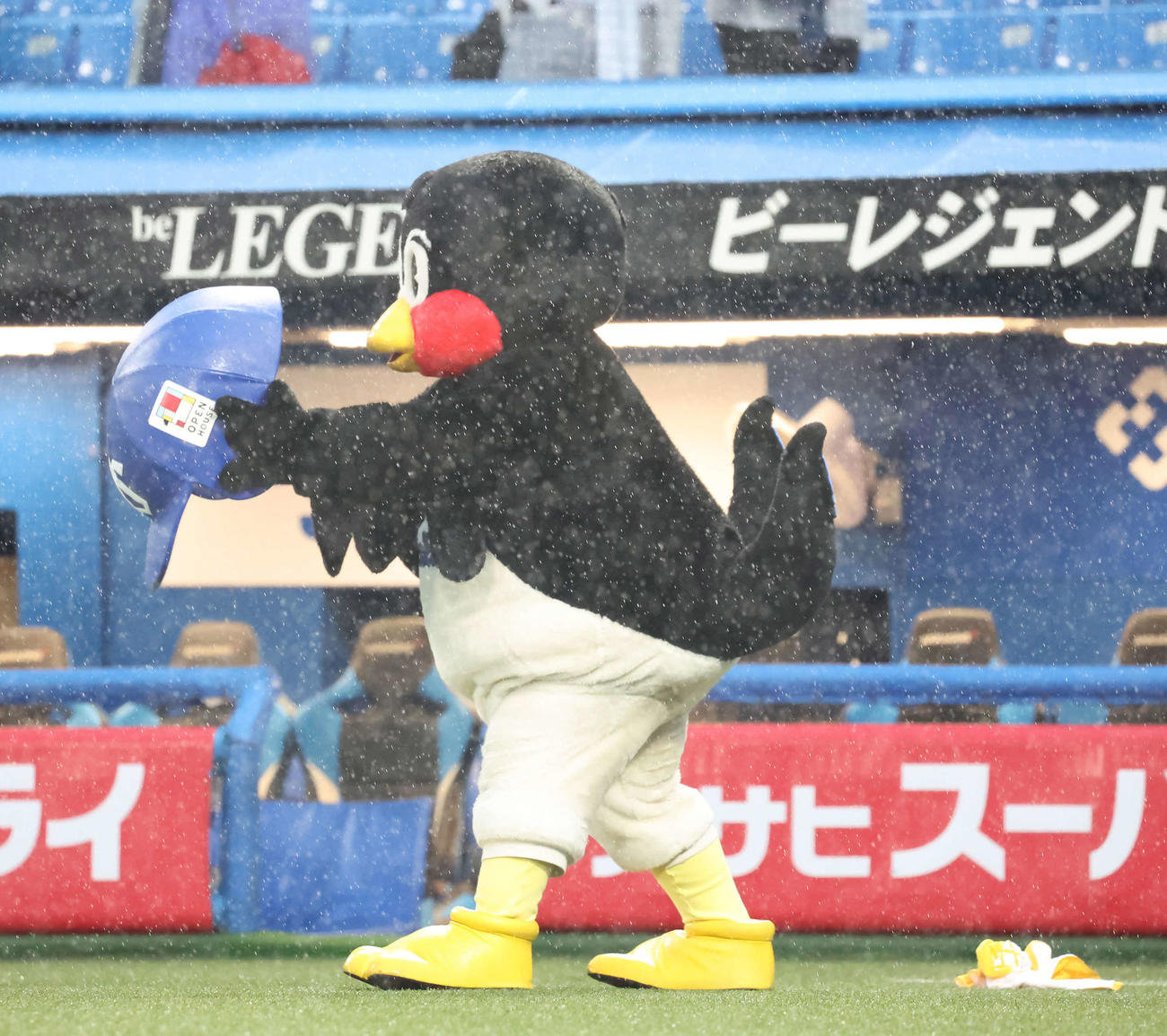 ヤクルト対中日　試合が中止となって、くるりんぱを披露するつば九郎（撮影・丹羽敏通）