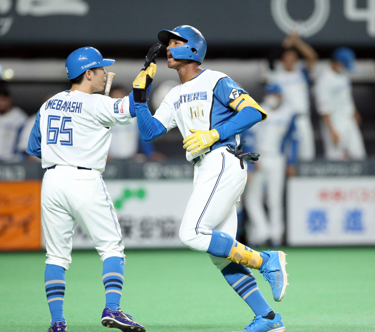 日本ハム対ソフトバンク　5回裏日本ハム2死二塁、同点となる左越え2点本塁打を放ち梅林（左）とタッチを交わす万波（撮影・佐藤翔太）