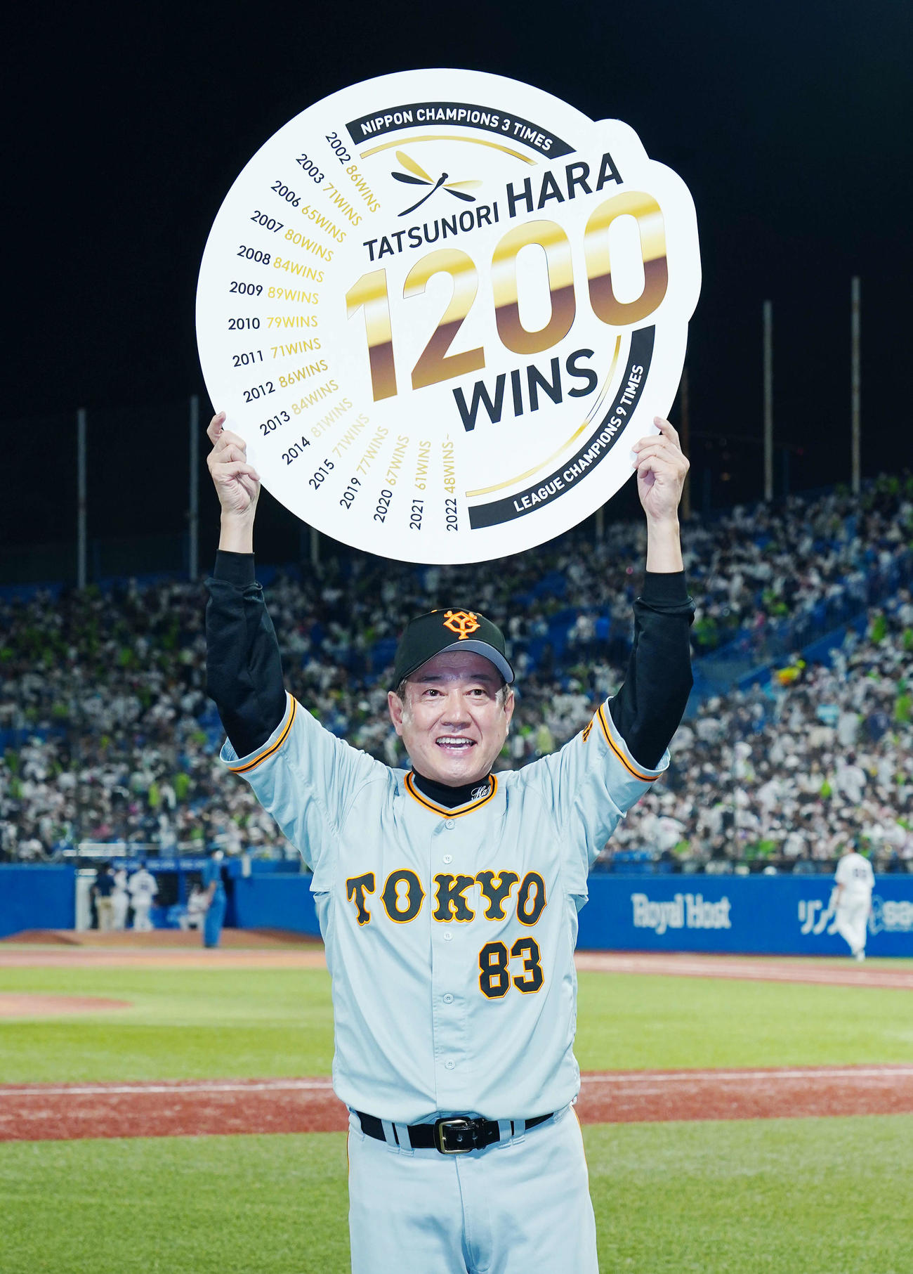 監督通算1200勝を達成し、記念のボードを手にする巨人原監督（撮影・菅敏）