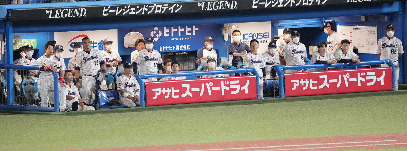 ヤクルト対巨人　巨人に連敗し、ぼうぜんとするヤクルトベンチ。右奥は高津監督（撮影・鈴木みどり）