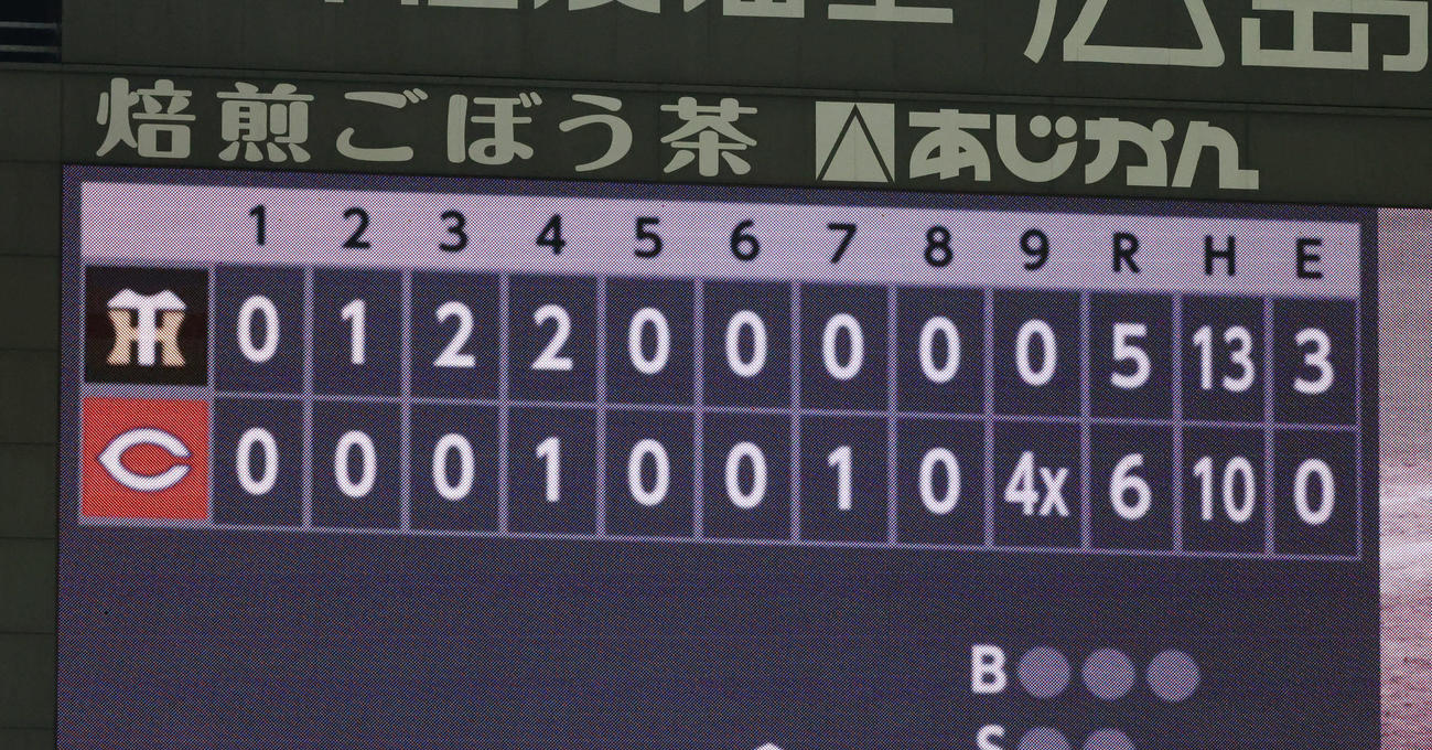 広島対阪神　6対5のスコアボード（撮影・加藤孝規）