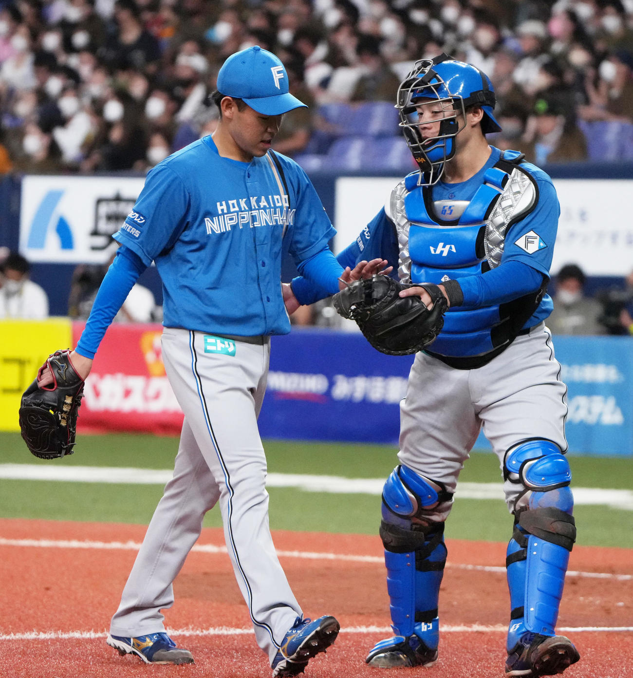 オリックス対日本ハム　4回裏を終えタッチを交わす日本ハム根本（左）と梅林（撮影・清水貴仁）