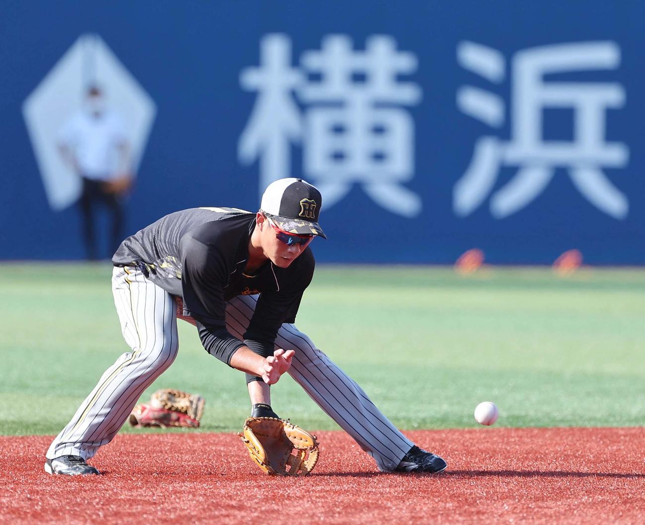 DeNA対阪神　遊撃の守備練習をする木浪（撮影・上田博志）