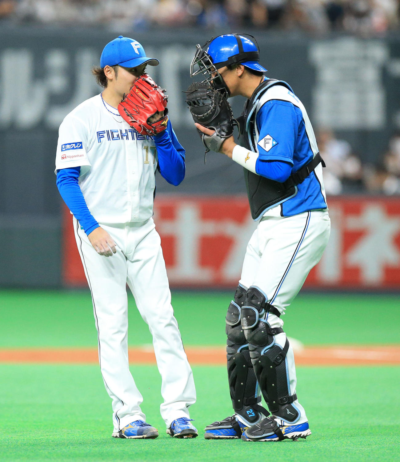 日本ハム対西武　サインが合わず言葉を交わす伊藤（左）と古川裕（撮影・佐藤翔太）