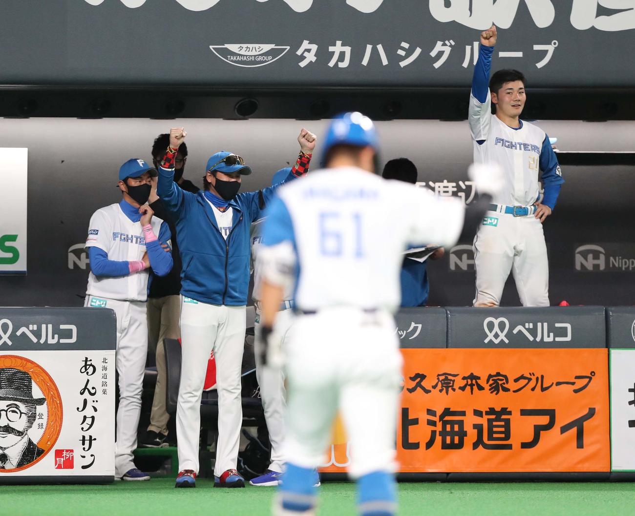 日本ハム対西武　8回裏、上川畑の同点打でガッツポーズの新庄監督（撮影・黒川智章）