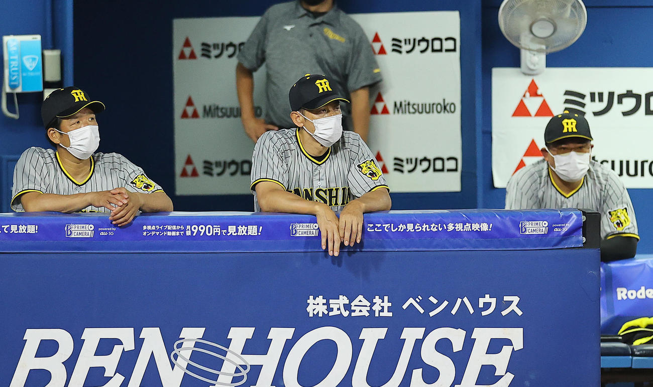 DeNA対阪神　7回裏DeNA2死一塁、嶺井に2点本塁打を許しベンチでぼうぜんとする矢野監督（中央）（撮影・垰建太）