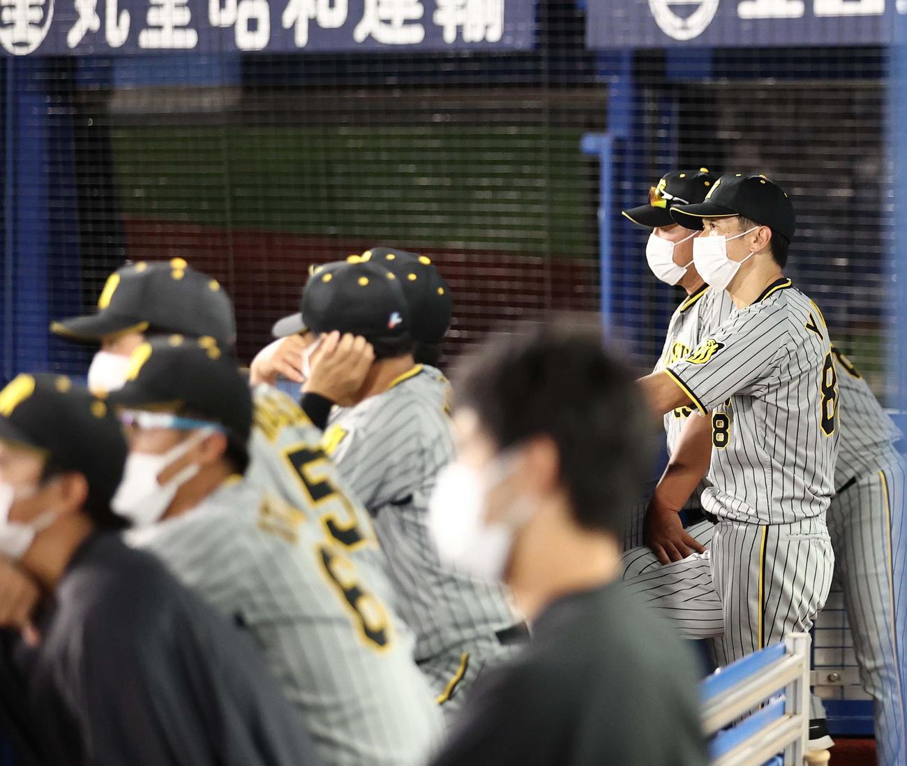 DeNA対阪神　DeNAに勝ち越しを許した矢野監督（右）はベンチで厳しい表情を見せる（撮影・上田博志）