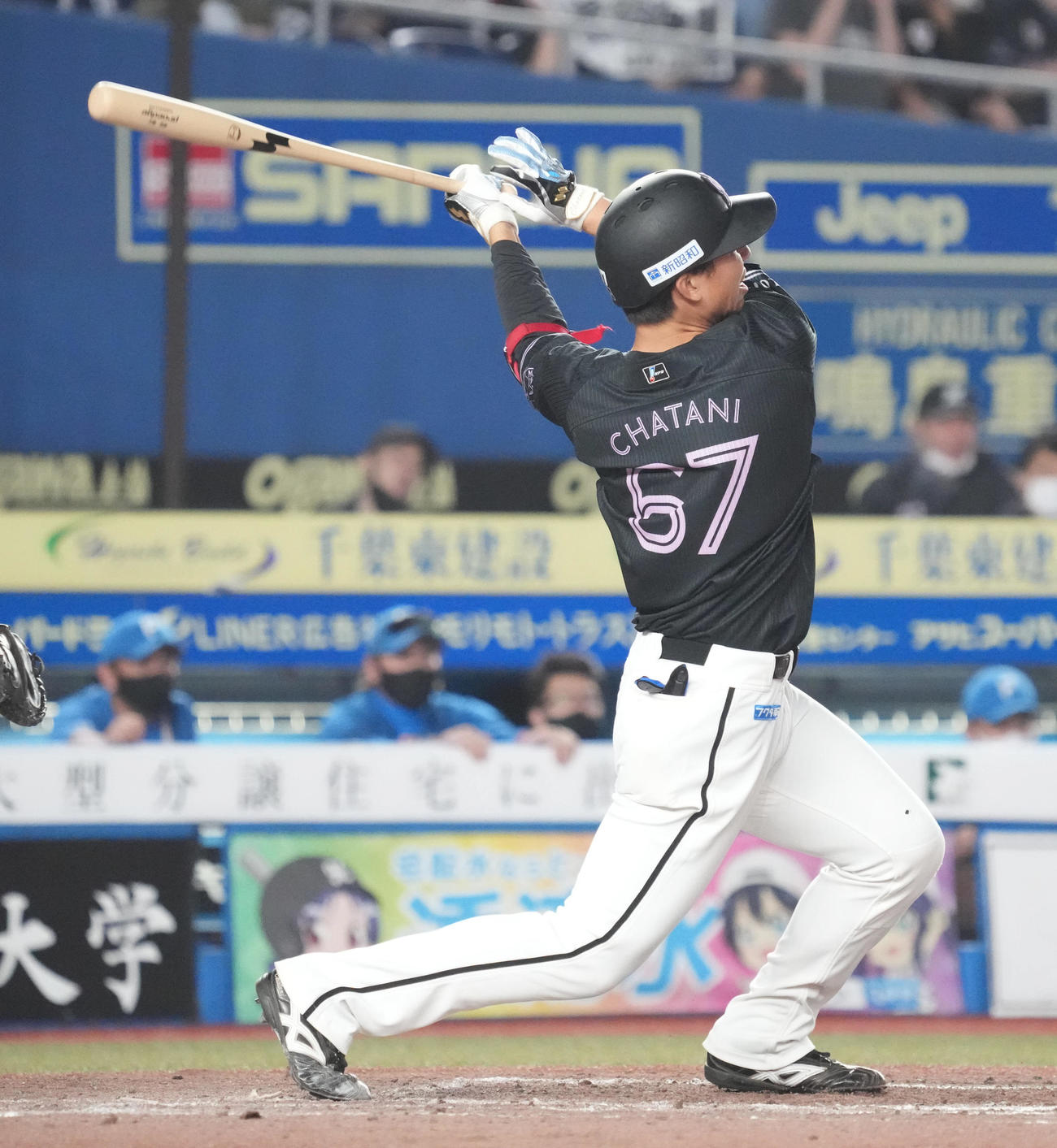 ロッテ対日本ハム　2回裏ロッテ1死一塁、茶谷は左越えに先制のプロ初となる2点本塁打を放つ（撮影・小沢裕）