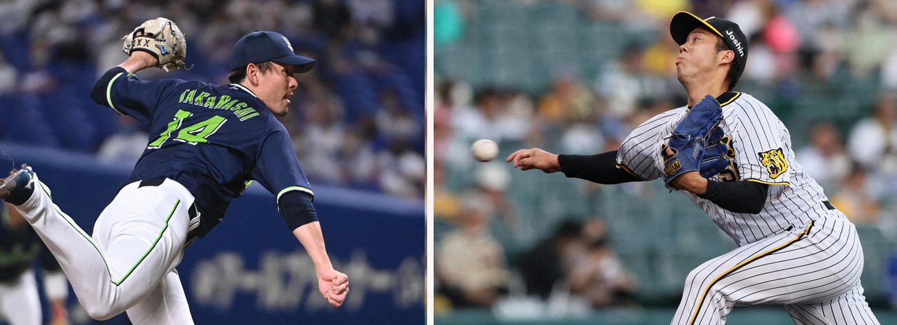 ヤクルト高梨裕稔（左）と阪神青柳晃洋