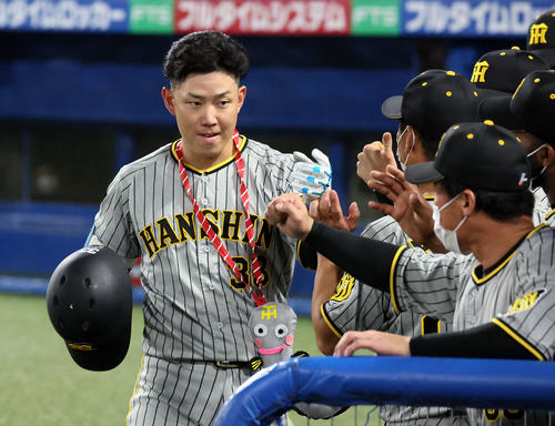 ヤクルト対阪神 6回表阪神1死、糸原は左越えソロ本塁打を放ちベンチでナインとタッチする(撮影・加藤哉)