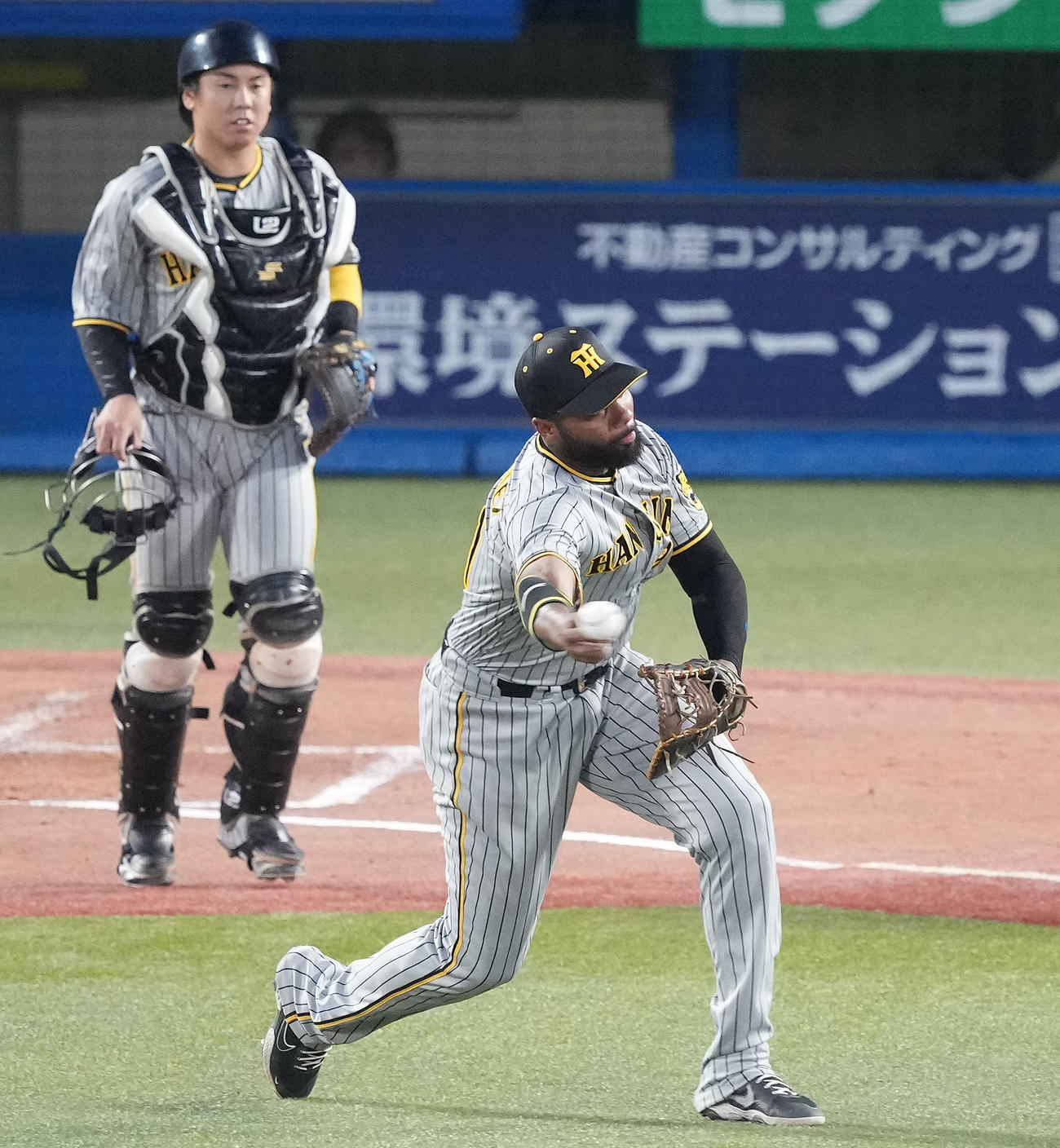 ヤクルト対阪神　2回裏ヤクルト無死一、二塁、一塁手ロドリゲスは中村のバント球を三塁へ送球するもセーフ。結果は野選（撮影・鈴木みどり）