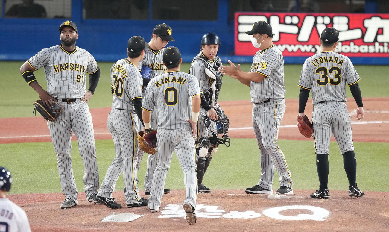 ヤクルト対阪神　2回裏途中で青柳（左から3人目）のもとに集まる阪神ナイン（撮影・鈴木みどり）