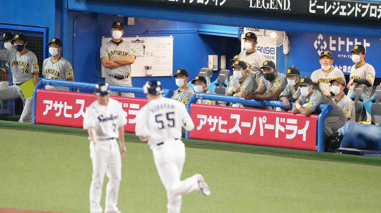 ヤクルト対阪神　3回裏ヤクルト2死一、三塁、村上に先制の右越え3点本塁打を浴びぼうぜんとする阪神ベンチ（撮影・鈴木みどり）
