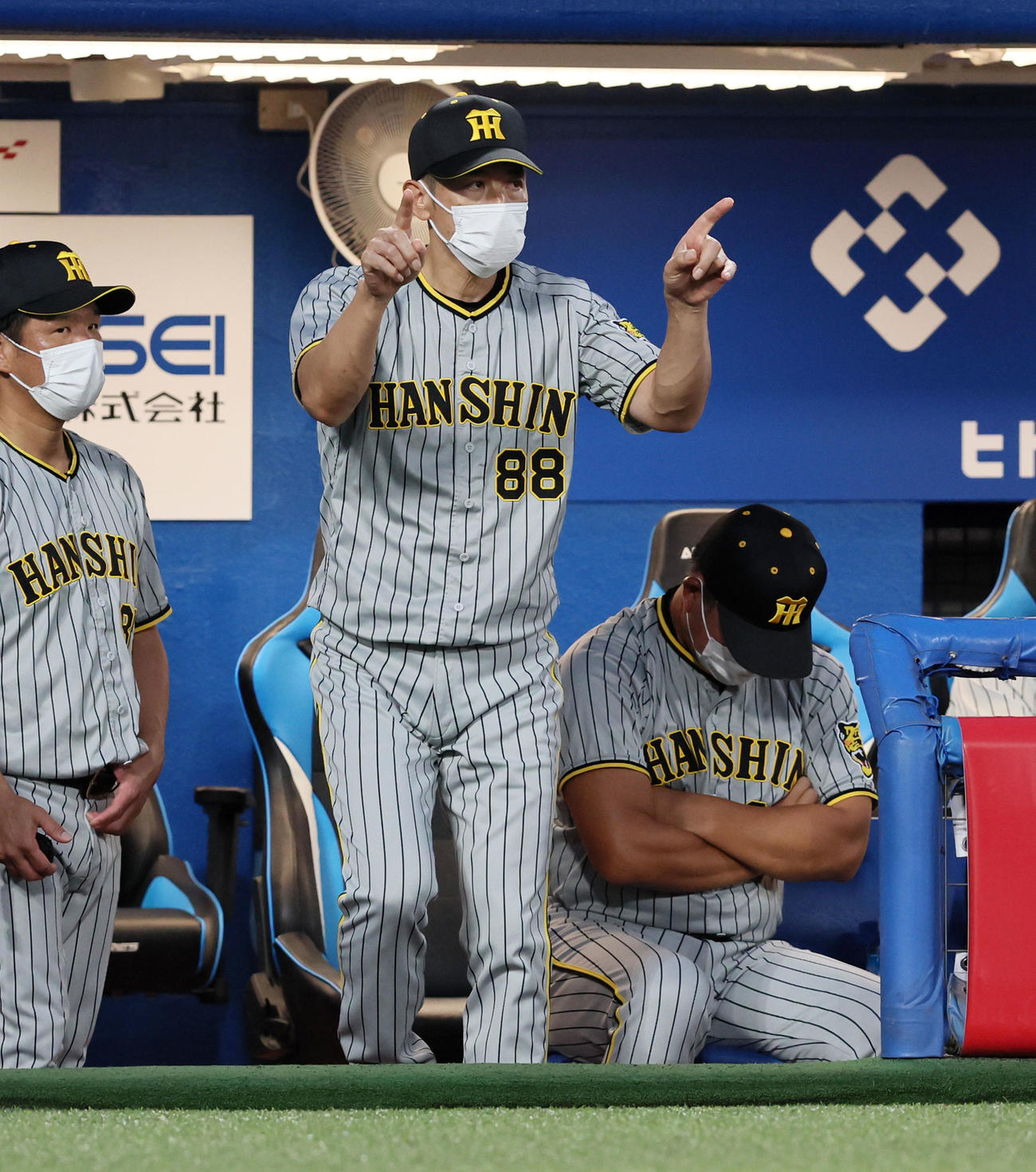 ヤクルト対阪神　2回裏ヤクルト無死一塁、矢野監督は一塁走者村上の二塁盗塁判定にリクエストする（撮影・加藤哉）