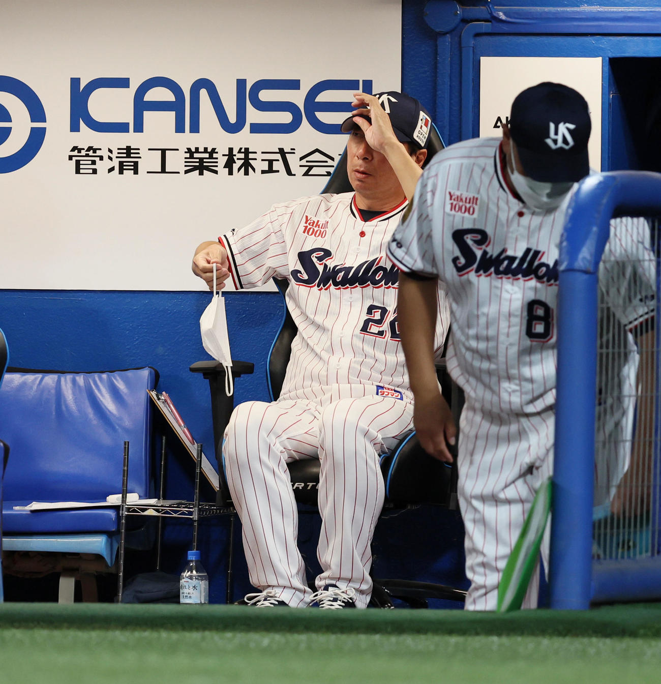 ヤクルト対阪神　7回表、ベンチから戦況を見つめる高津監督（撮影・加藤哉）