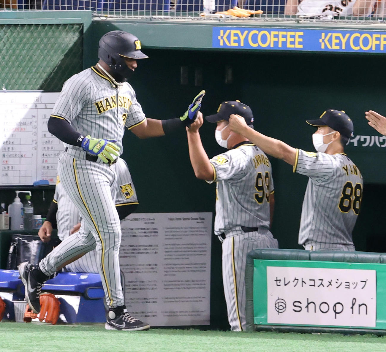 巨人対阪神　7回表阪神無死二塁、佐藤輝の先制適時打で生還したロハス・ジュニア（左）を迎える矢野監督（右）（撮影・狩俣裕三）