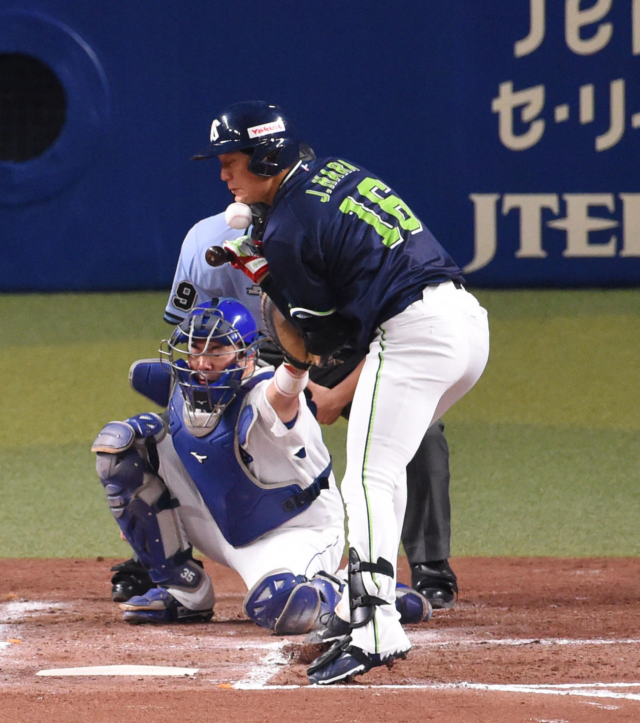 中日対ヤクルト　2回表ヤクルト1死満塁、押し出し死球を受ける原（右）（撮影・森本幸一）