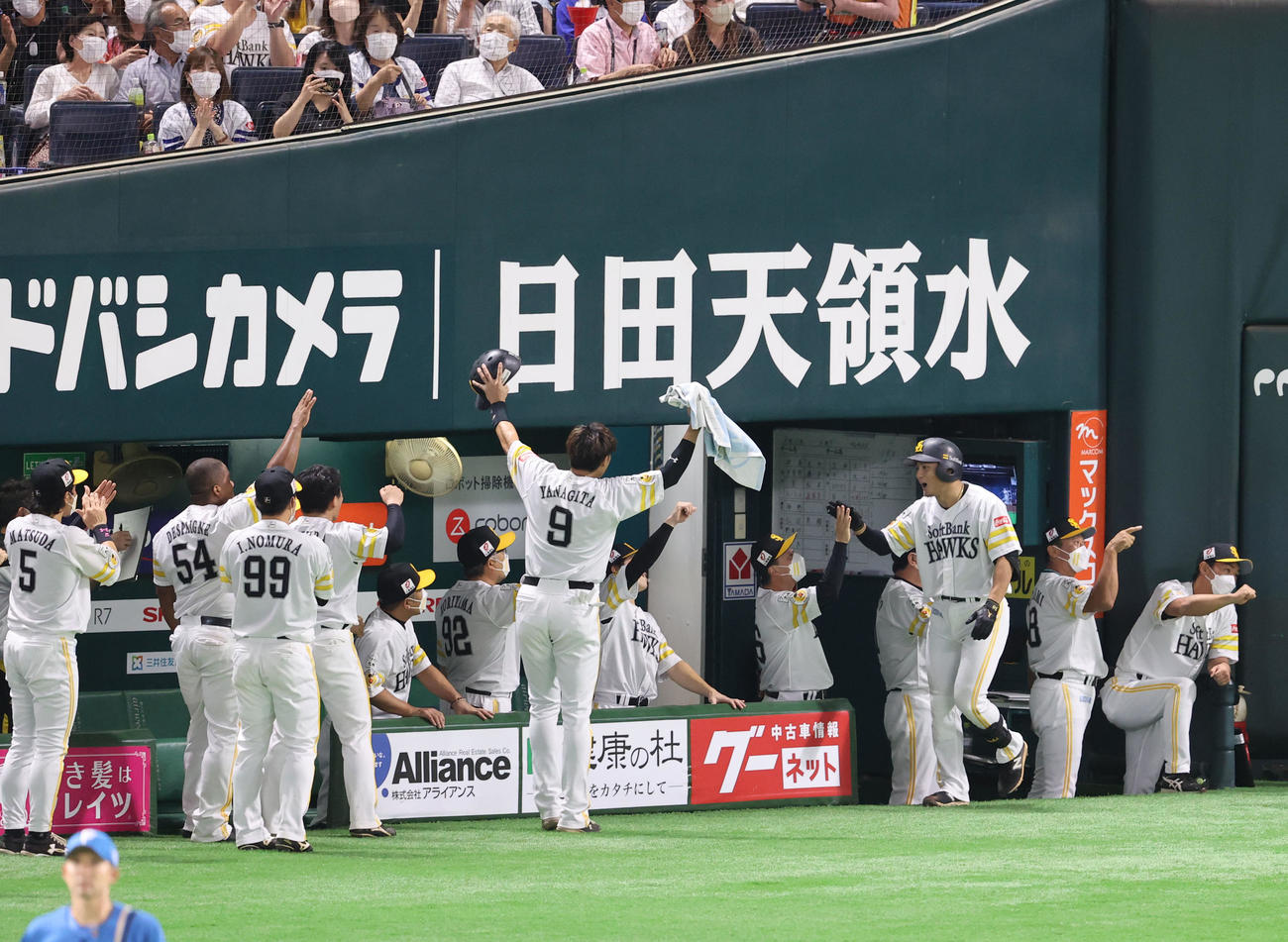ソフトバンク対日本ハム　4回裏ソフトバンク2死二塁、佐藤直樹は左越えに勝ち越し2点本塁打を放つ、大喜びのナイン（撮影・梅根麻紀）